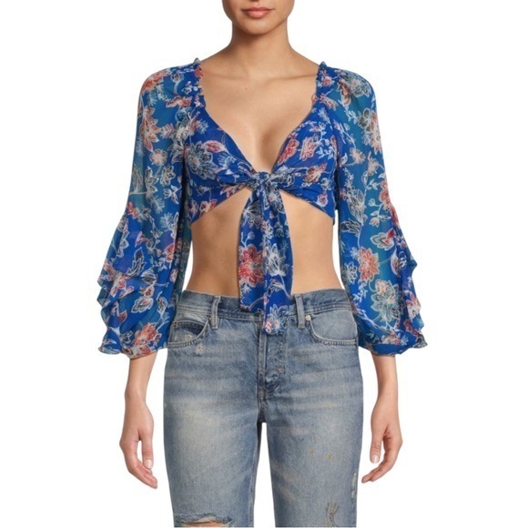 New Misa Los Angeles Ancora Smocked Ruffle Sleeves Floral Tie Crop Top In Blue